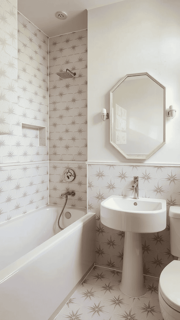 Bathroom with geometric starburst patterns on walls and floor.