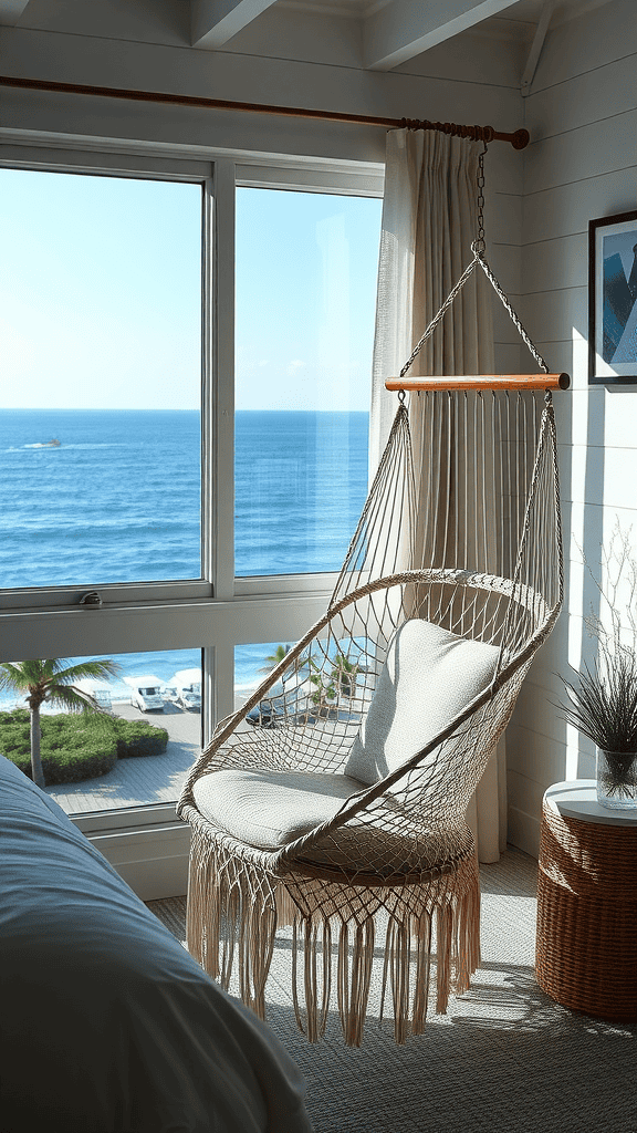 A hammock chair by a large window with a view of the ocean.