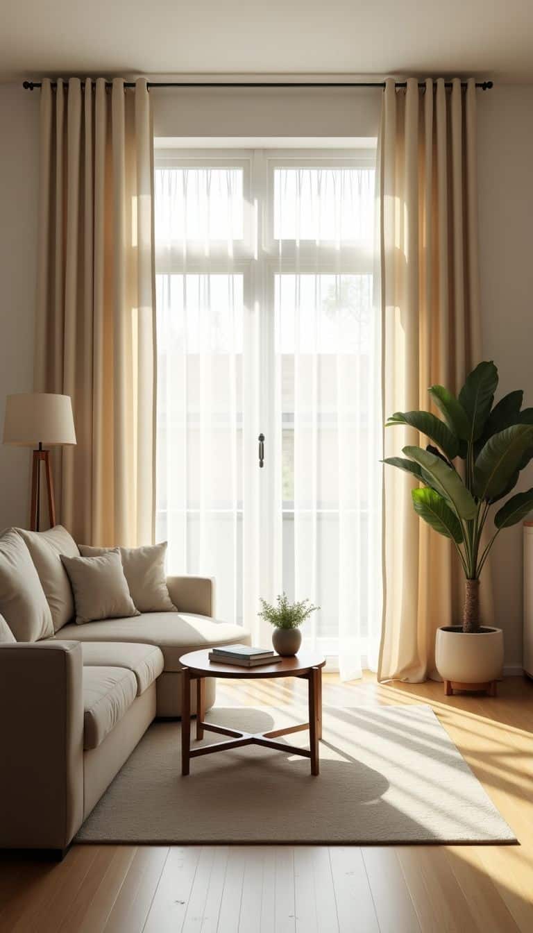 A bright, spacious living room with floor-length curtains in neutral colors.