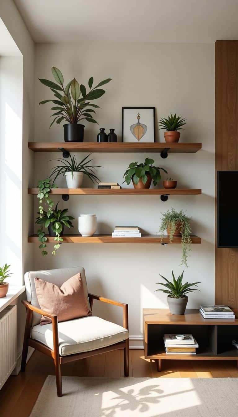 A well-decorated living room with modern floating shelves and plants.