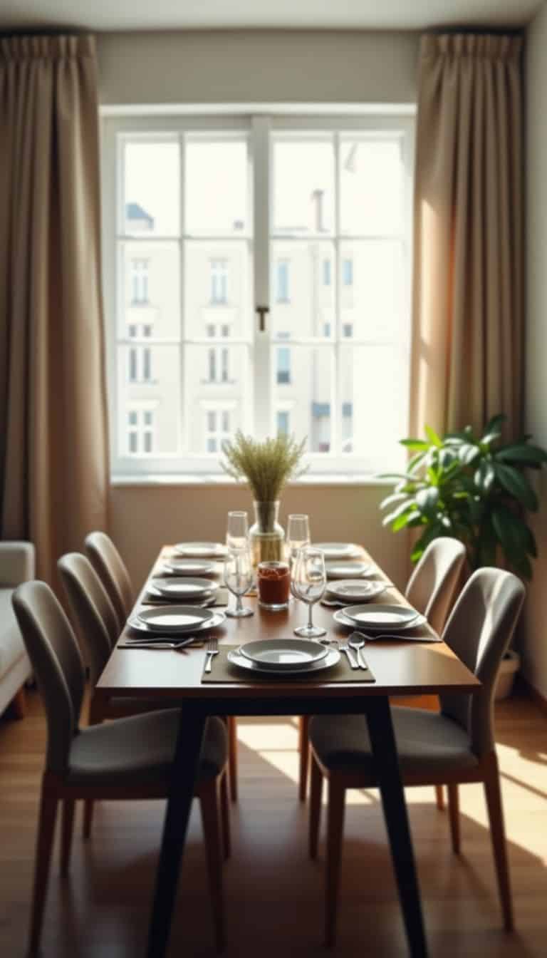 A simple, modern table set for family dinner in small living room.