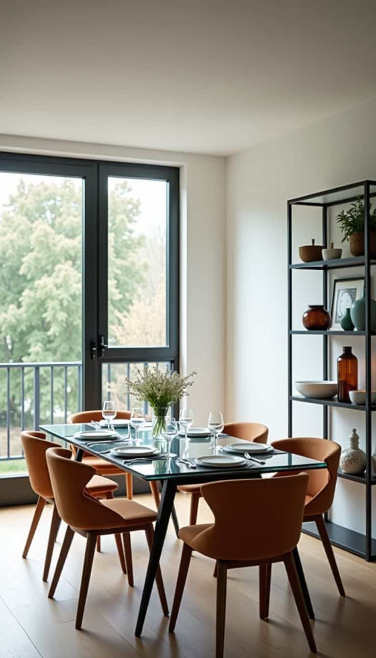 A modern living room with a glass dining table and stylish decor.