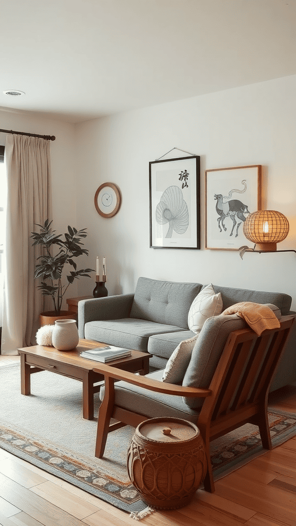 A cozy living room featuring cultural decor elements.