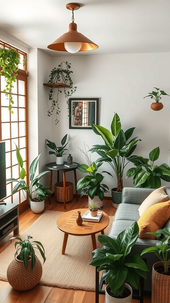 A cozy living room filled with various indoor plants, featuring a comfortable sofa, a wooden coffee table, and a warm atmosphere.