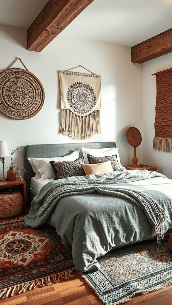 A cozy bedroom featuring textured elements such as woven wall hangings, blankets, and patterned rugs.