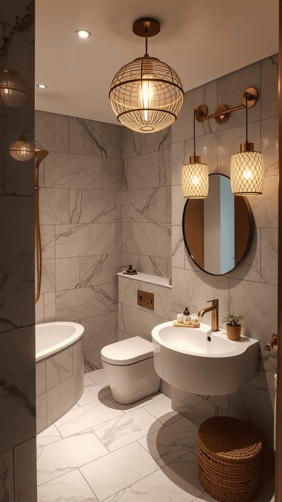 Stylish bathroom featuring unique lighting fixtures and modern design.