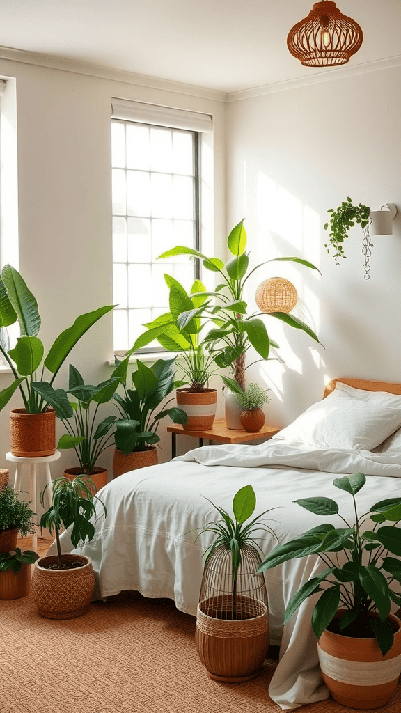 A serene bedroom filled with various indoor plants, creating a calming atmosphere.