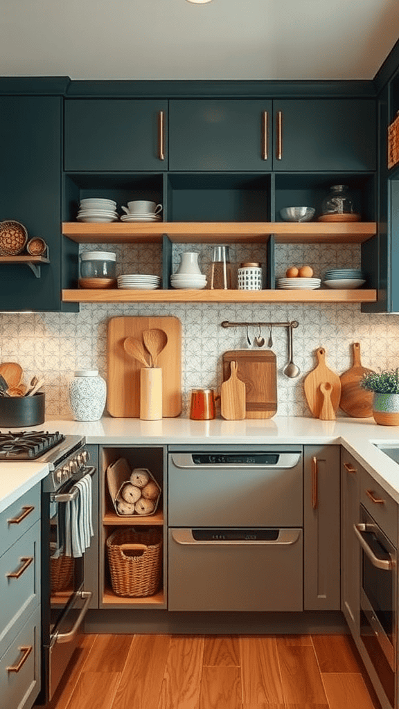 A modern kitchen with open shelves displaying plates and decorative items, along with innovative storage solutions like baskets and drawers.