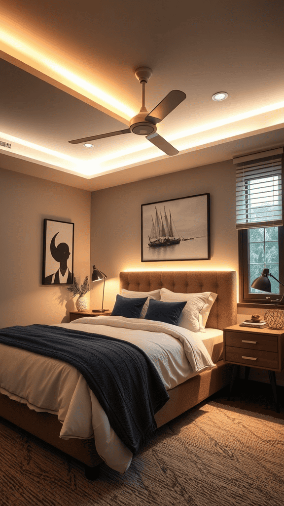 A cozy bedroom with layered lighting featuring a ceiling fan and warm light accents.