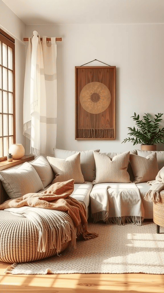 A cozy living room with layered textiles including throws, cushions, and a rug.