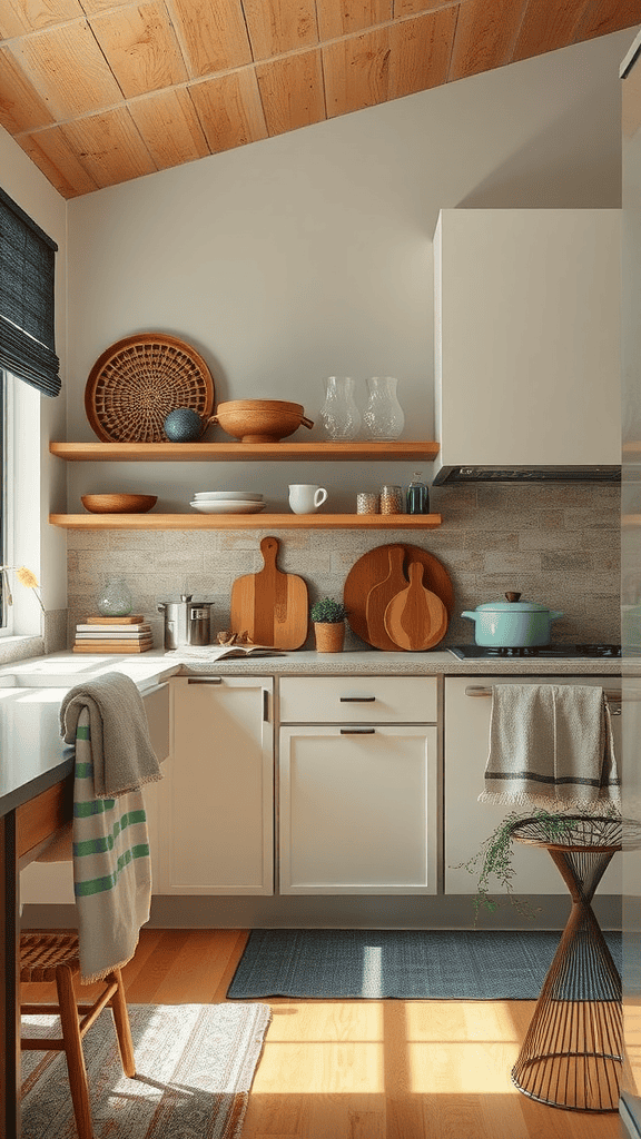 A cozy kitchen with wooden shelves, dishes, and various textures.