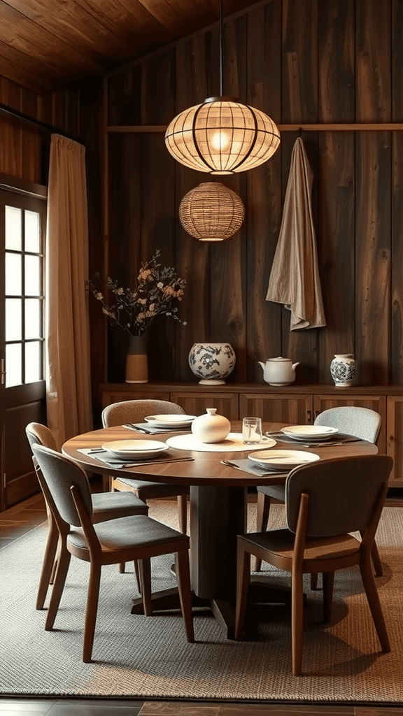 A cozy dining area with wooden walls, a round table, and various decorative items.