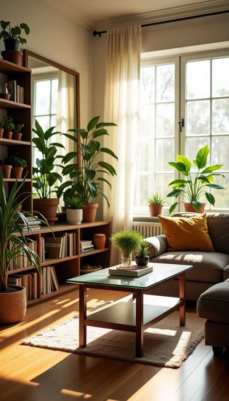 A cozy living room with natural light, plants, and open bookshelves.