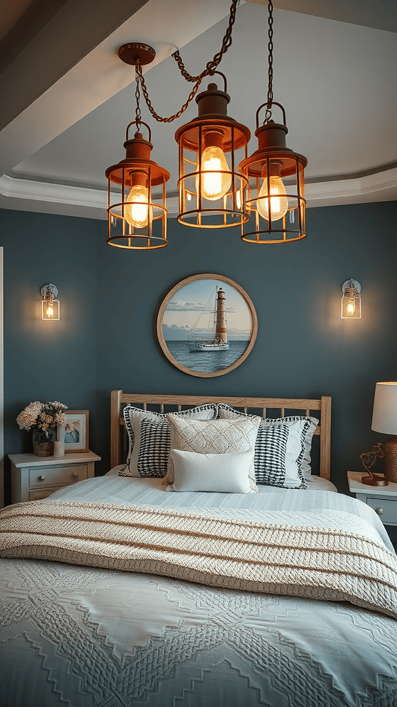 Lighthouse-inspired lighting fixtures in a cozy bedroom setting