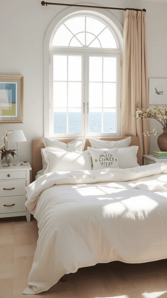 Cozy bedroom with lightweight linen bedding and a view of the ocean through a large window.