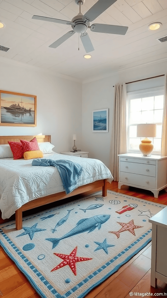 A cozy bedroom with a marine-inspired rug featuring fish and starfish designs.