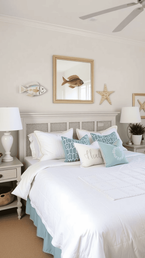 A cozy bedroom featuring marine life accent pieces, including fish wall art and a starfish decoration.