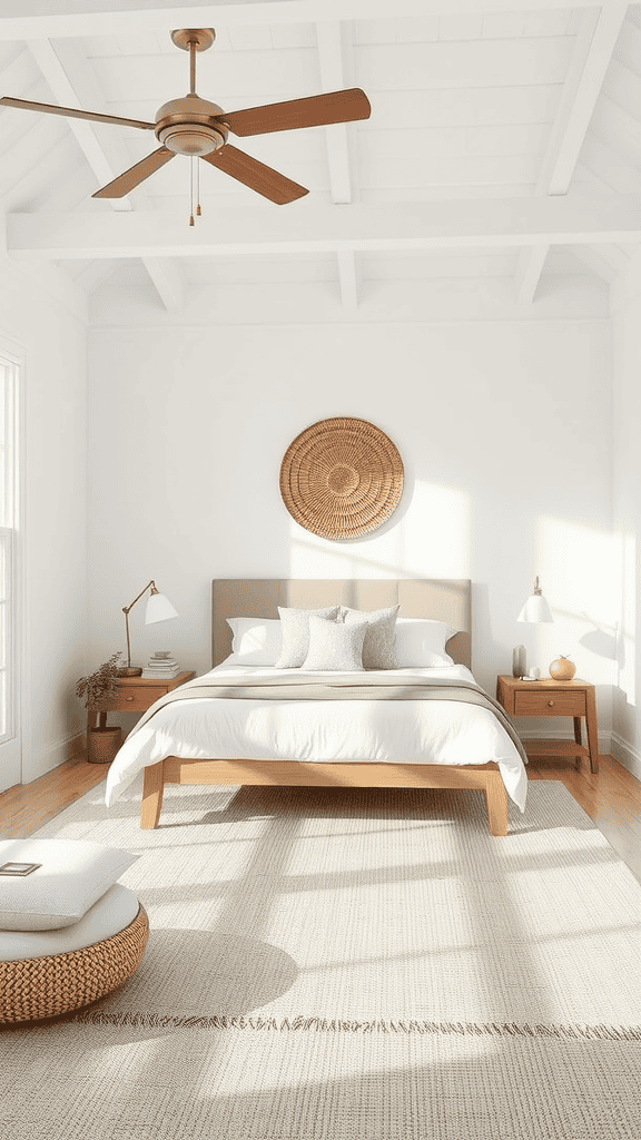 A bright and airy bedroom featuring minimalist coastal design elements.