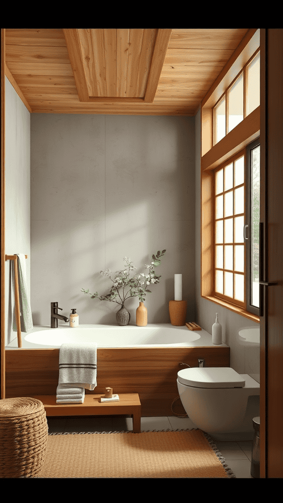 A minimalist bathroom featuring wooden accents, a bathtub, and natural decor.