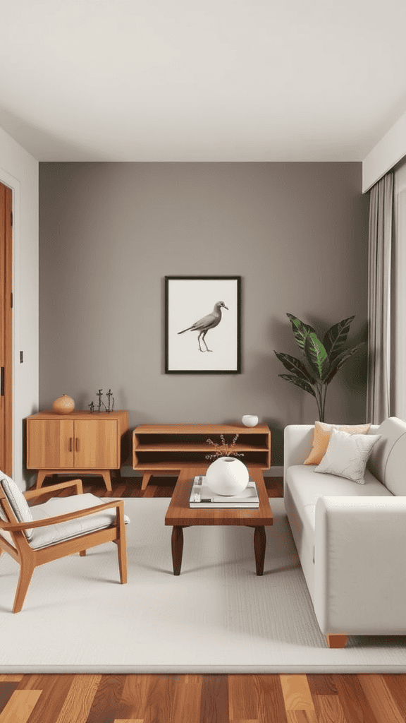 A modern living room featuring minimalist furniture, including a comfortable sofa, stylish coffee table, and decorative accents.