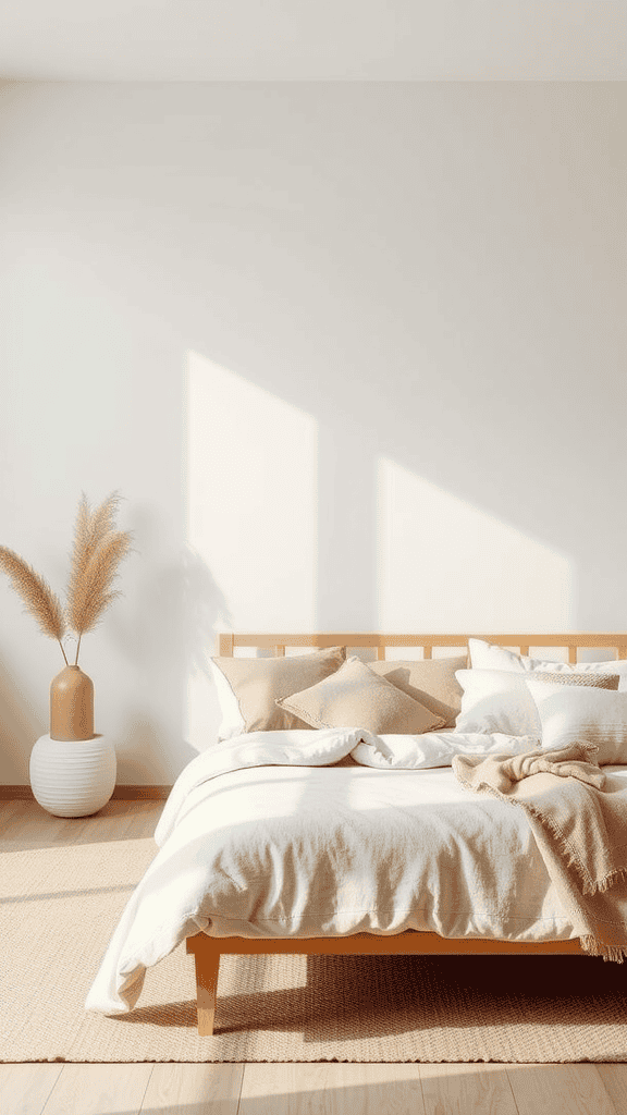 A minimalist bedroom featuring a wooden bed, soft bedding, and a vase with pampas grass.