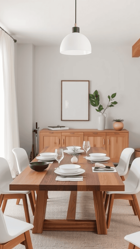 A minimalist dining table setting featuring a wooden table, white plateware, a green plant, and elegant glassware.