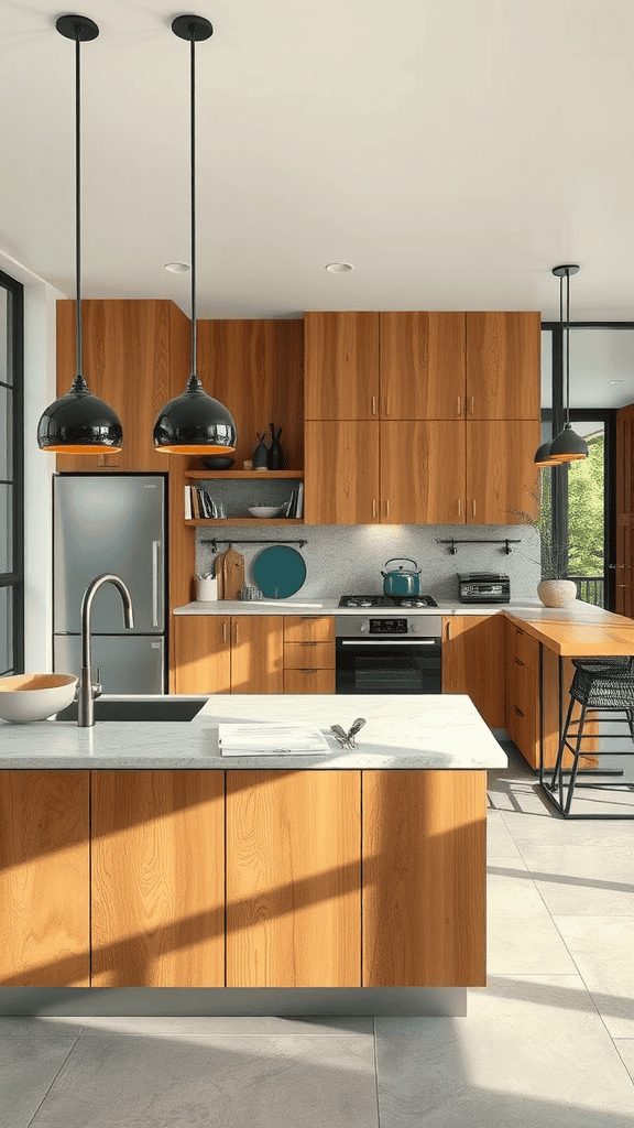 A modern kitchen featuring wooden cabinets, a stone countertop, and stylish pendant lighting.