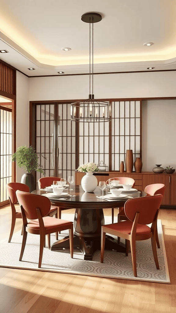 A stylish dining room featuring a round table with red chairs, elegant decor, and modern lighting.