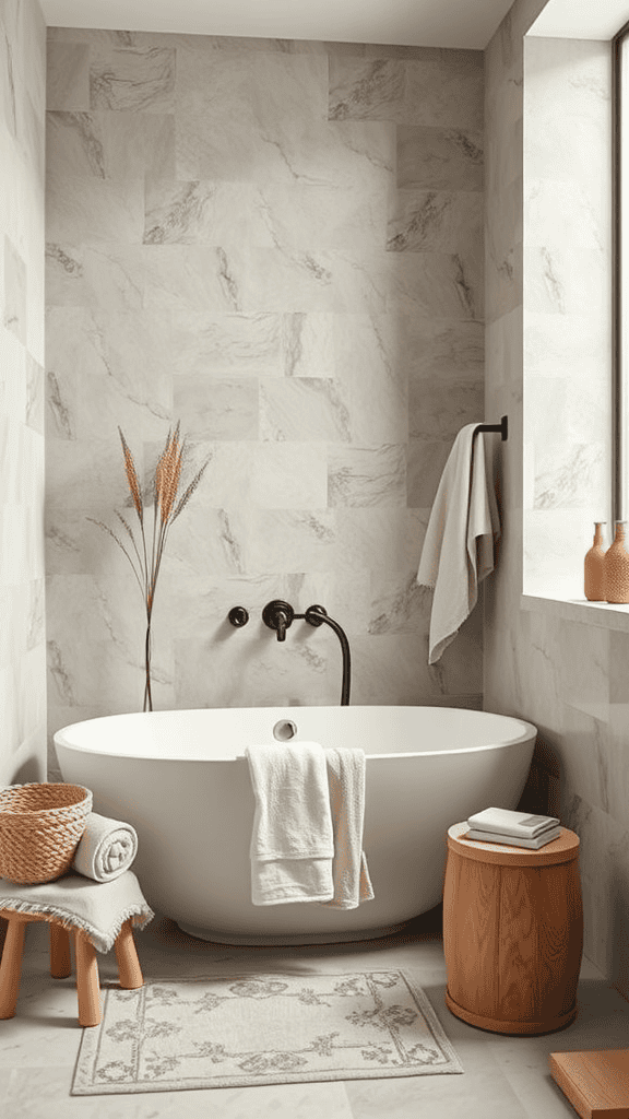 A stylish bathroom featuring a modern tub, soft towels, and a blend of hard and soft materials.