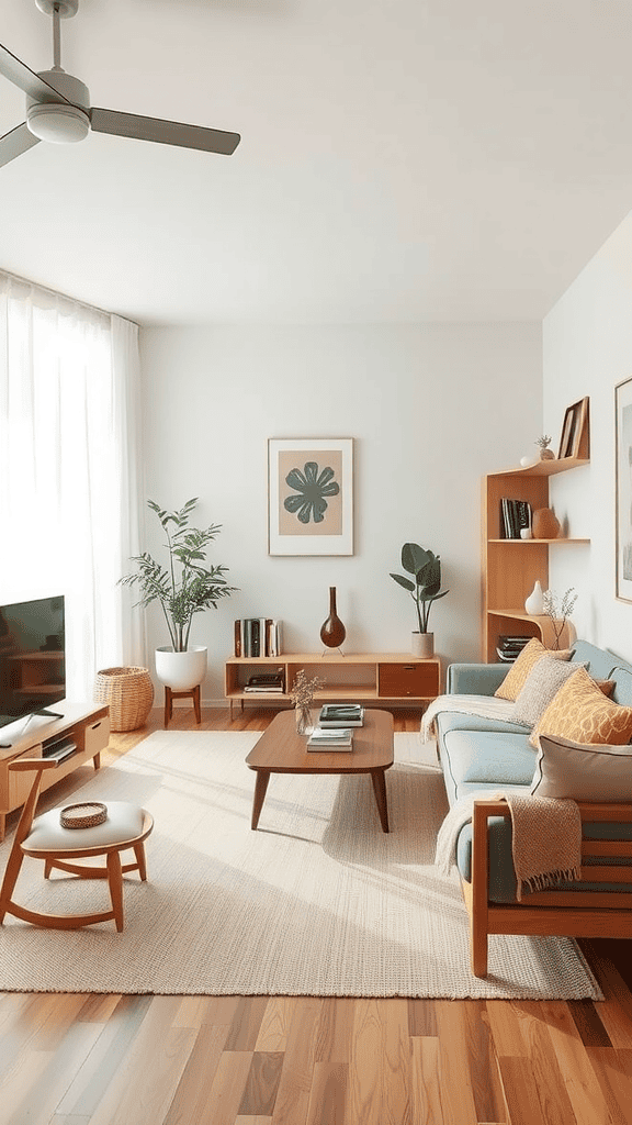 A stylish living room with a blue sofa, wooden furniture, and a light rug.