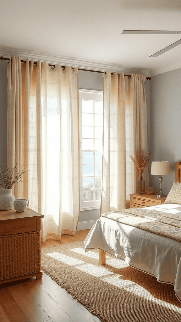 A cozy bedroom with natural fiber curtains allowing soft light to filter in.