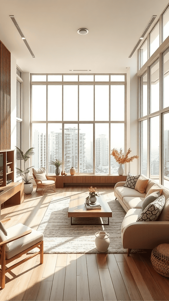 A bright and airy living room with large windows, showcasing natural light and modern decor.