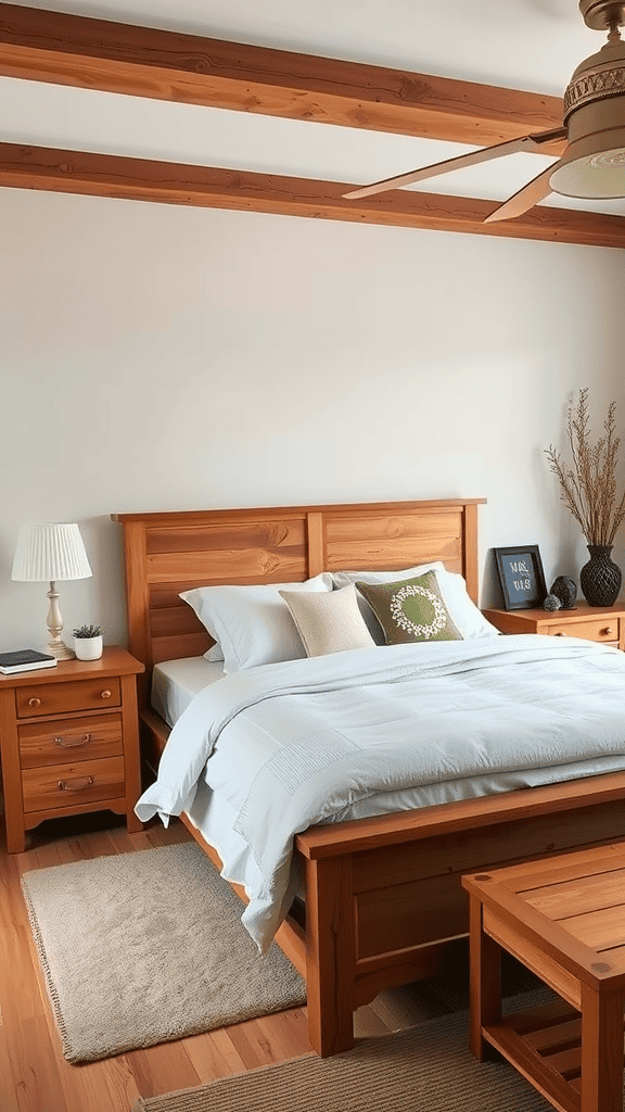 Cozy bedroom with natural wood accents in furniture and ceiling beams