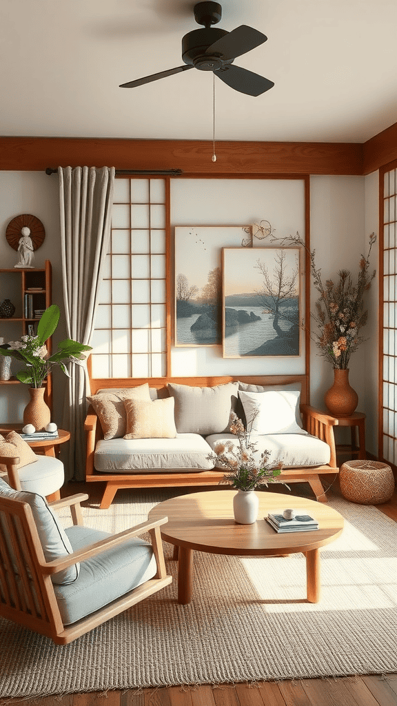 A cozy living room featuring natural wood furniture, soft textiles, and plants.