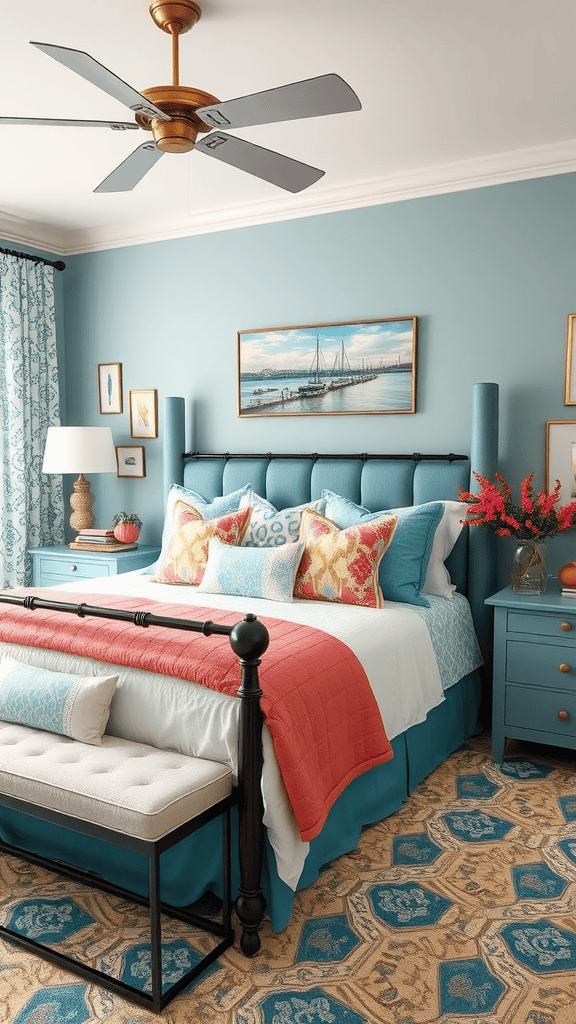 A cozy bedroom featuring ocean-inspired colors with turquoise walls, coral accents, and beach-themed decor.