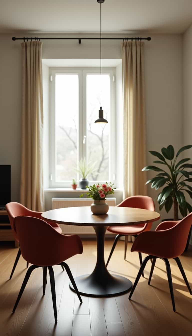 A bright, airy living room with a stylish round dining table.