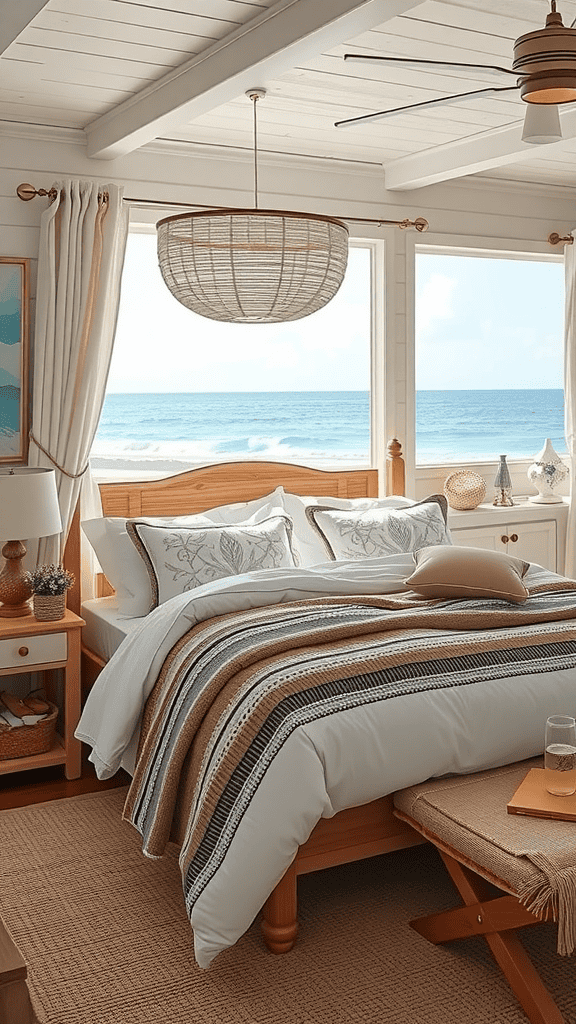 A serene bedroom with ocean views, featuring a cozy bedding set in earthy tones.