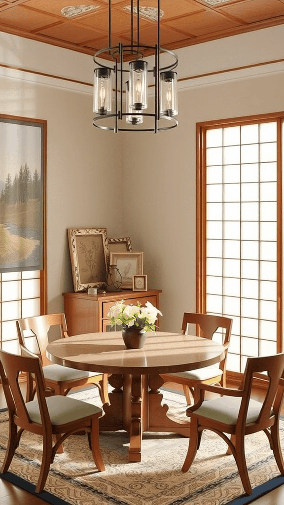 A simple Japandi-style dining room featuring a round wooden table, elegant light fixtures, and serene decor.