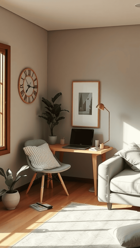 A cozy and peaceful workspace with a desk, chair, plants, and natural light.