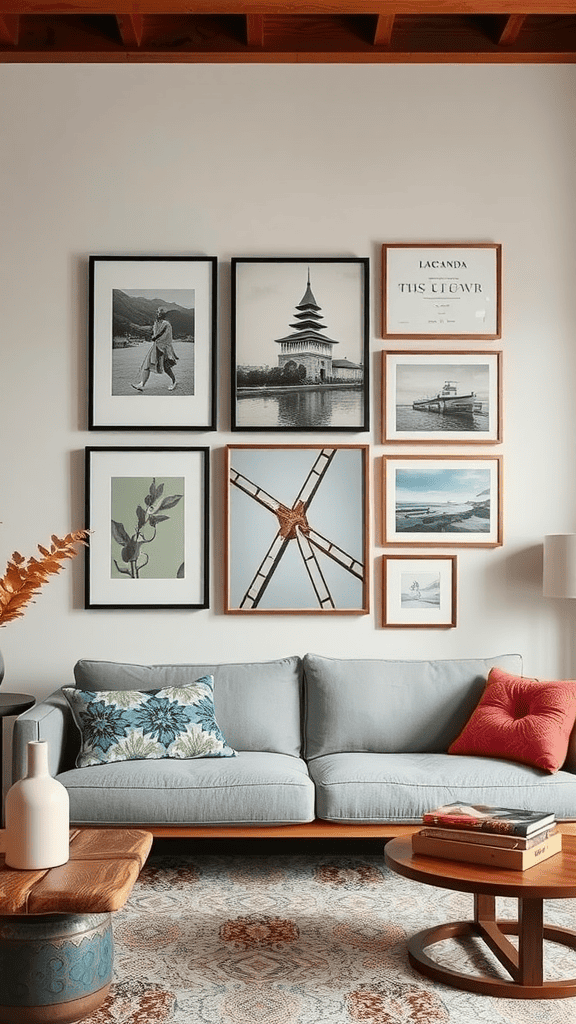 A cozy living room with a gallery wall featuring various framed artworks and photos.