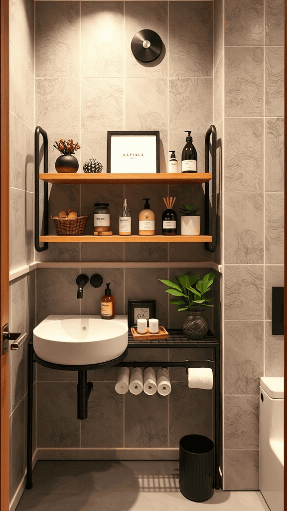 A well-organized bathroom with personalized shelving displaying various essentials.