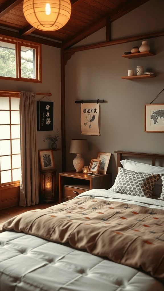 A cozy bedroom with warm light, wooden accents, and personalized decor.