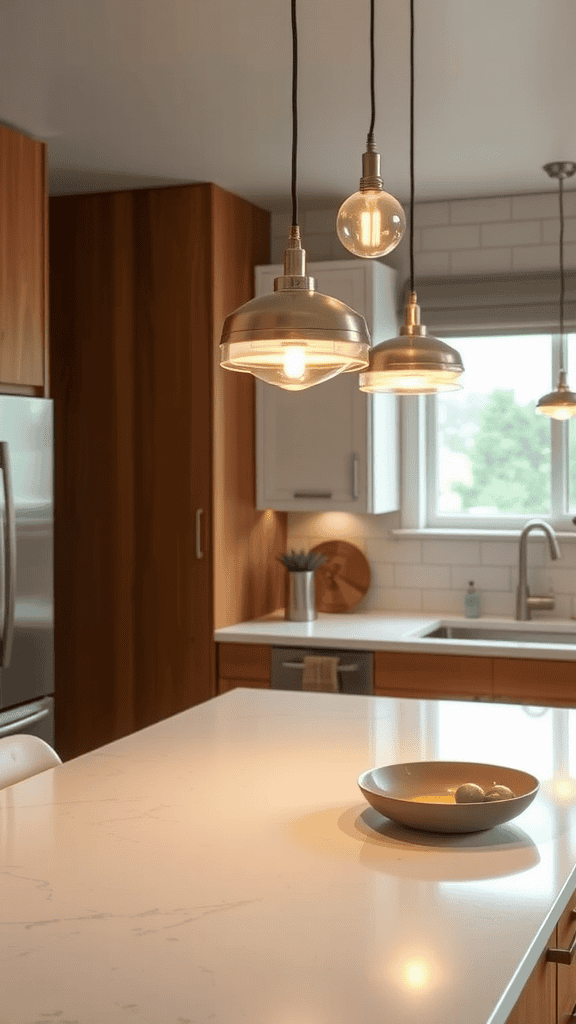 Kitchen with retro-inspired hanging light fixtures over a marble countertop.