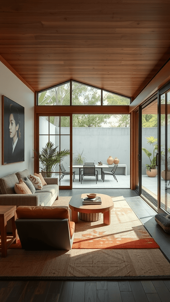 A cozy living room with large glass doors opening to an outdoor area, featuring plants and outdoor furniture.