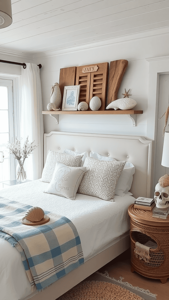 A cozy bedroom with seashell decor on a shelf above the bed