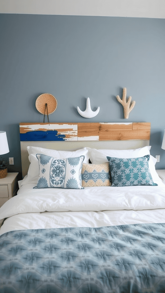 A DIY headboard inspired by the seaside, featuring a mix of painted wood and beach-themed decor.