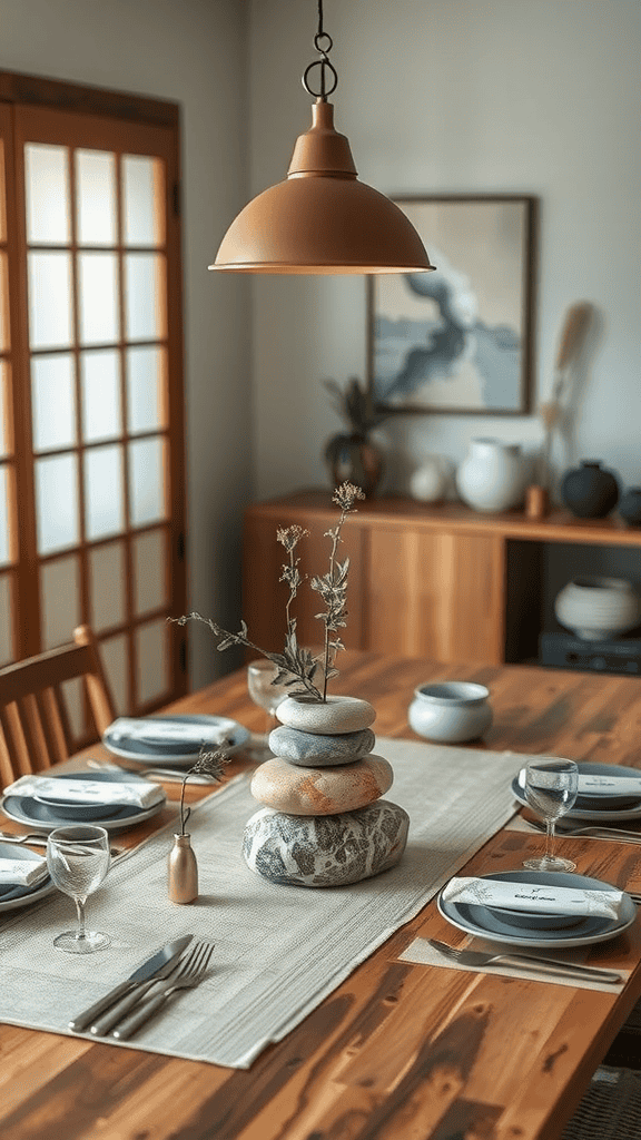 A dining table with a minimalist centerpiece made of stacked stones and a small plant, set in a cozy room.