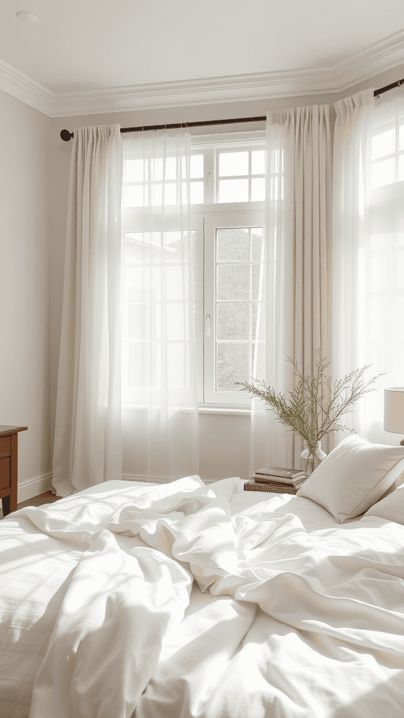 A bright bedroom with light curtains around a window, showcasing simplicity in window treatments.