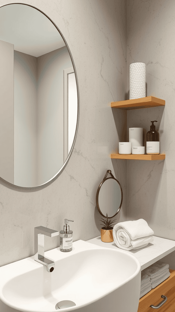 A modern bathroom with a round mirror, sleek faucet, and organized shelves.