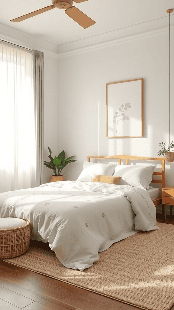 A serene bedroom with soft colors, a bed with white linens, a plant, and warm wood accents.